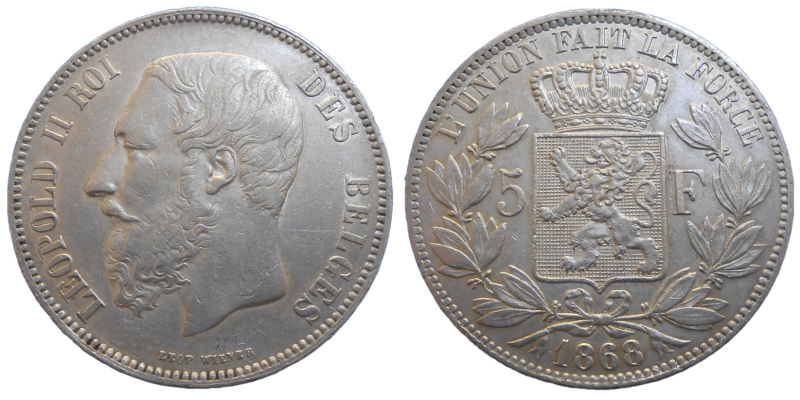 Belgicko 5 Frank 1868