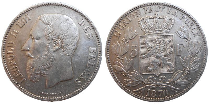 Belgicko 5 Frank 1870