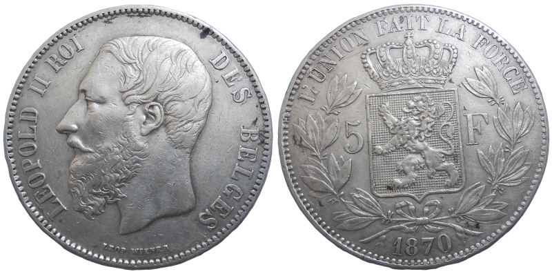 Belgicko 5 Frank 1870