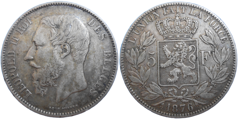 Belgicko 5 Frank 1876