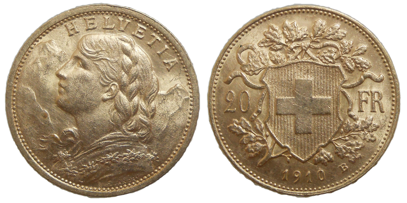 Švajčiarsko 20 Frank 1910