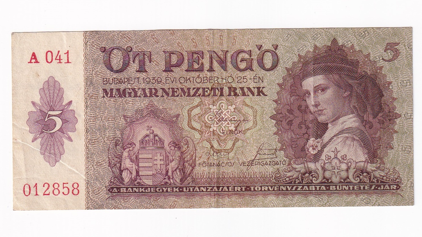 Maďarsko 5 Pengo 1939 A041 Maďarsko 5 Pengo 1939 A041