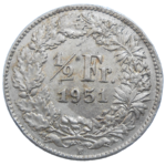 Švajčiarsko 1/2 Frank 1951 B