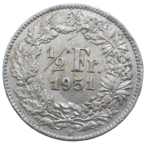 Švajčiarsko 1/2 Frank 1951 B