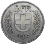Švajčiarsko 5 Frank 1933 B