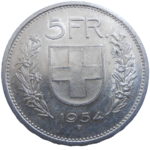 Švajčiarsko 5 Frank 1954 B