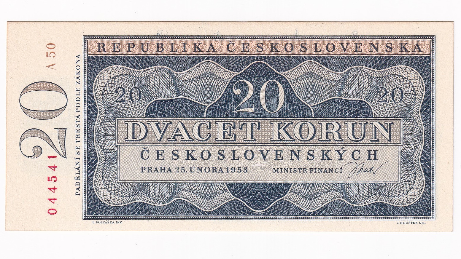 20 Korún 1953 A50 Nevydaná 20 Korún 1953 A50 Nevydaná