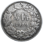 Švajčiarsko 1/2 Frank 1929 B