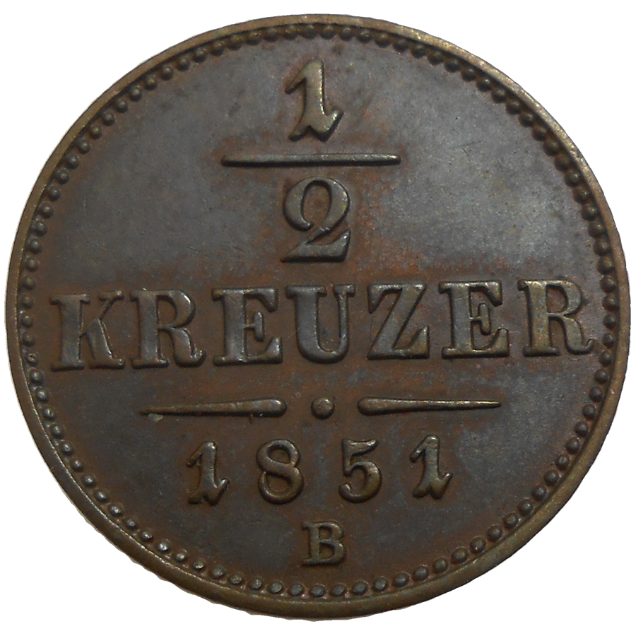 František Jozef I. 1/2 grajciar 1851 B František Jozef I. 1/2 grajciar 1851 B