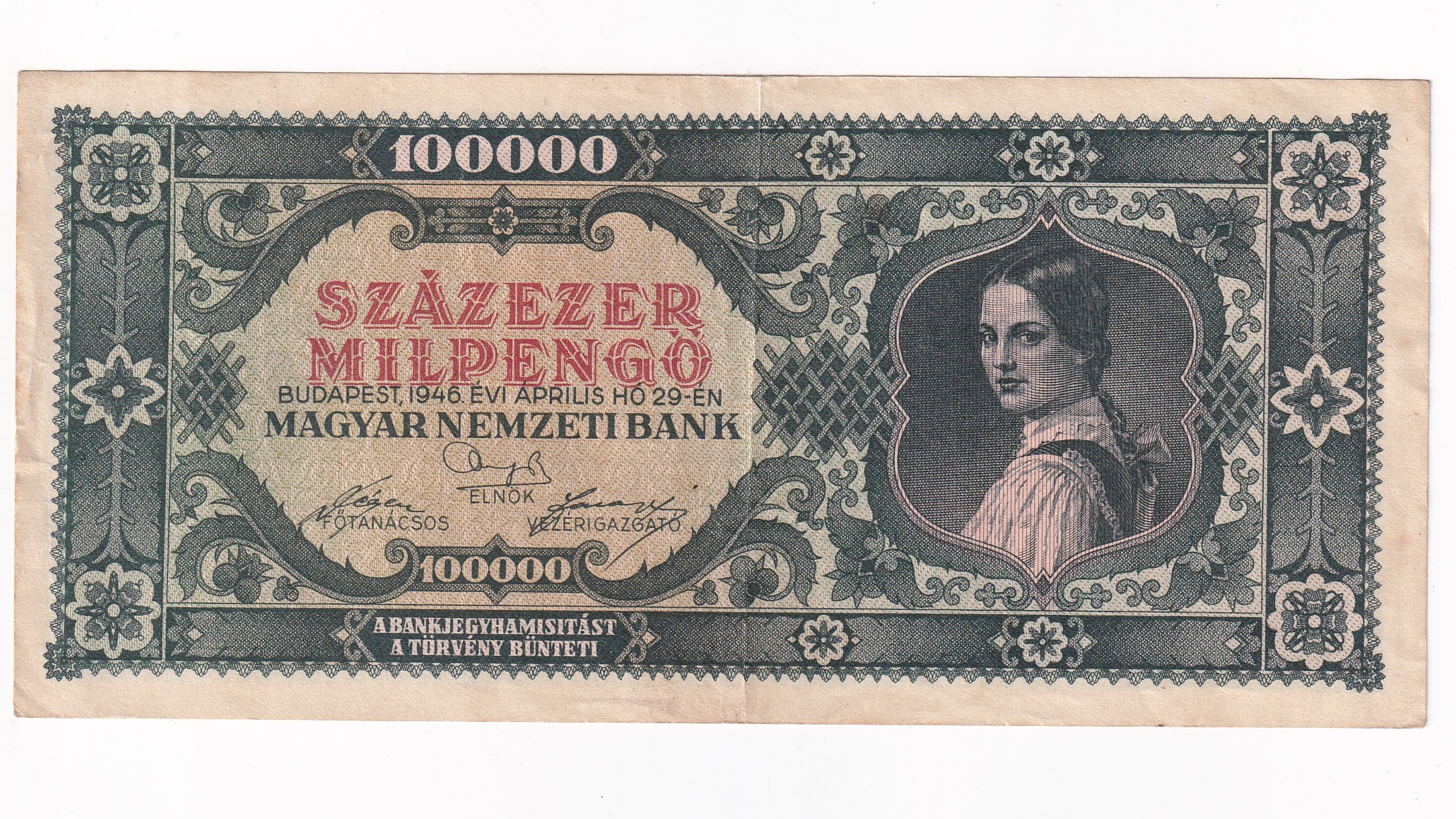 Maďarsko 100 000 Miliónov Pengo 1946 Maďarsko 100 000 Miliónov Pengo 1946
