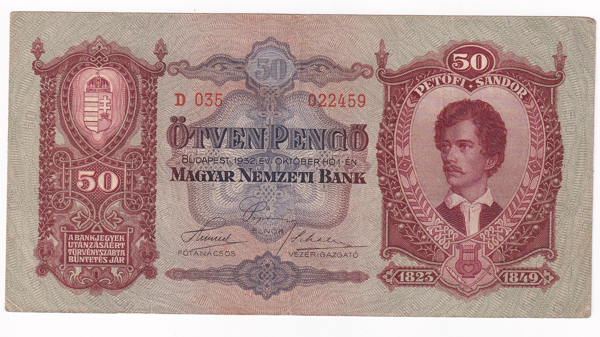 Maďarsko 50 Pengo 1932 D035 Maďarsko 50 Pengo 1932 D035