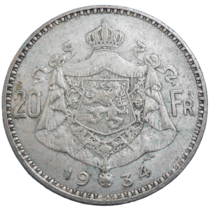 Belgicko 20 Francs 1934